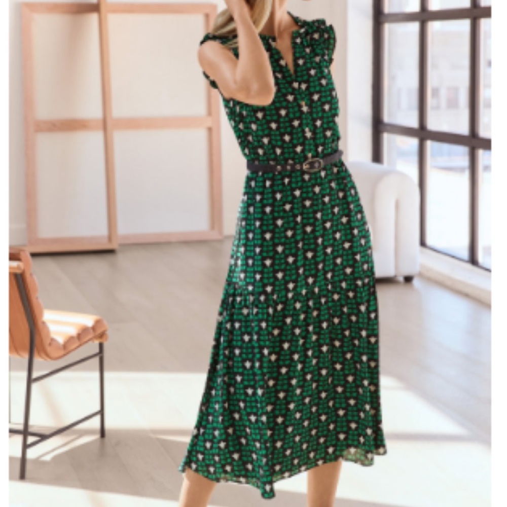 Ann Taylor size XS Floral Tile Belted Ruffle Flare Dress NWOT